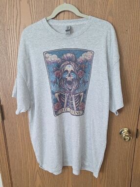 Gildan Heather Gray Graphic Tee with Blue and Pink Print